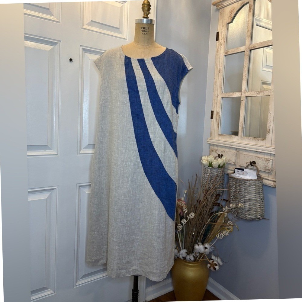 Oda Lux 100% Linen Abstract Swirl Shift Dress Beige Blue Size 46 124803 Pockets